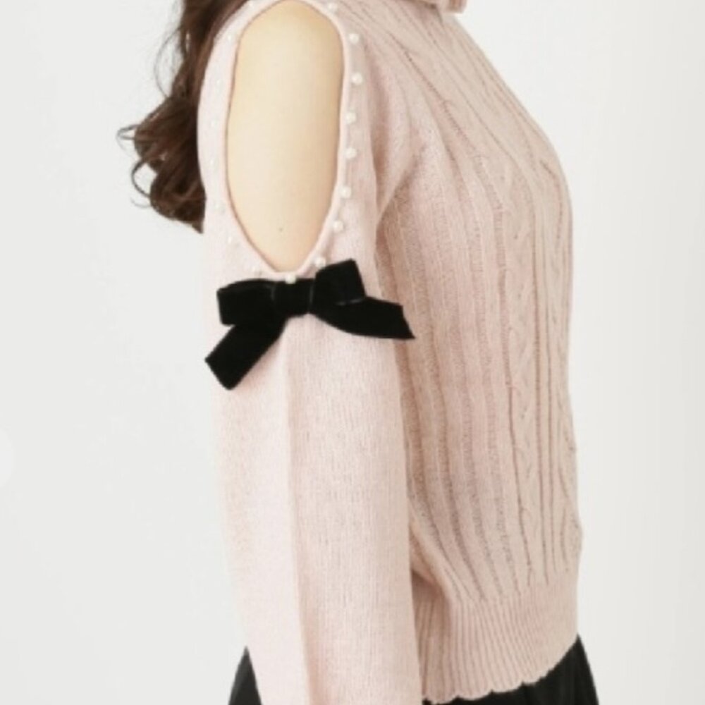 Ank Rouge Pink Heart Cable Knit Cold Shoulder Ruffle Turtleneck Sweater - Picture 2 of 5